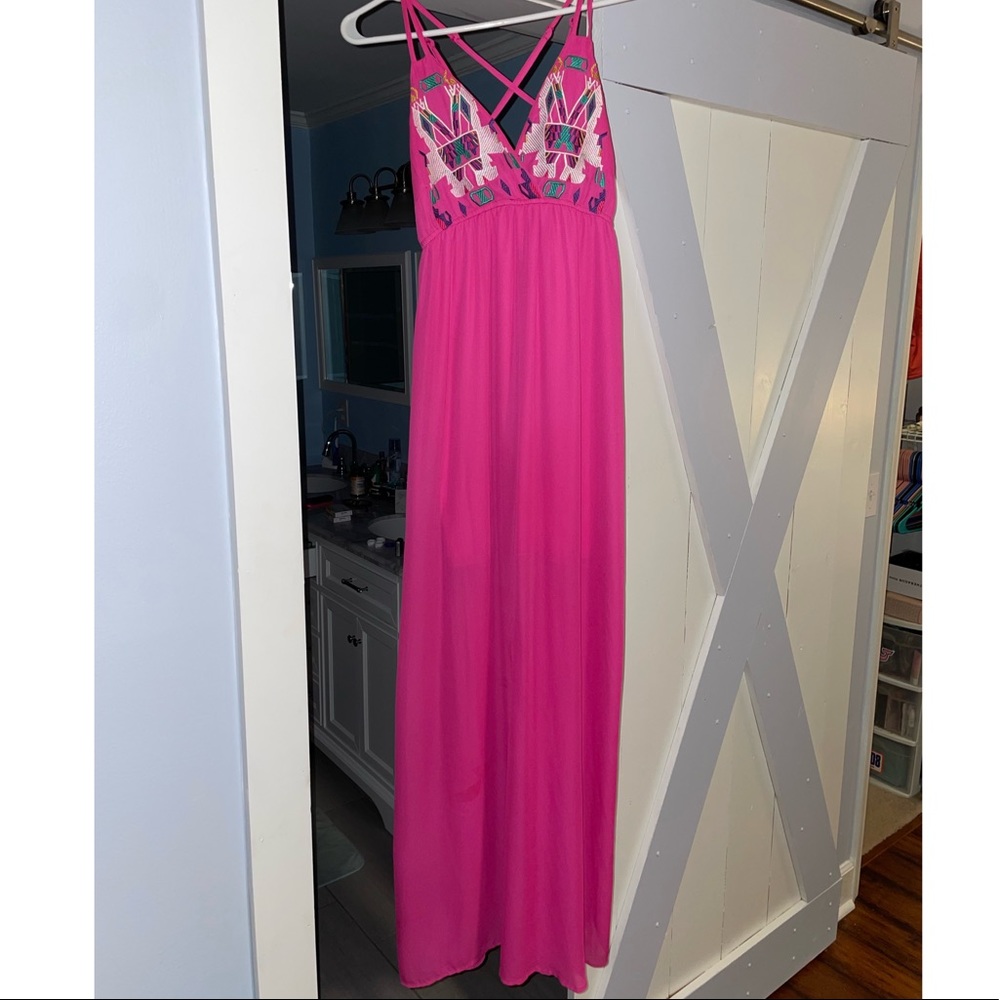 Hot pink empire waist maxi dress with southwestern embroidery
